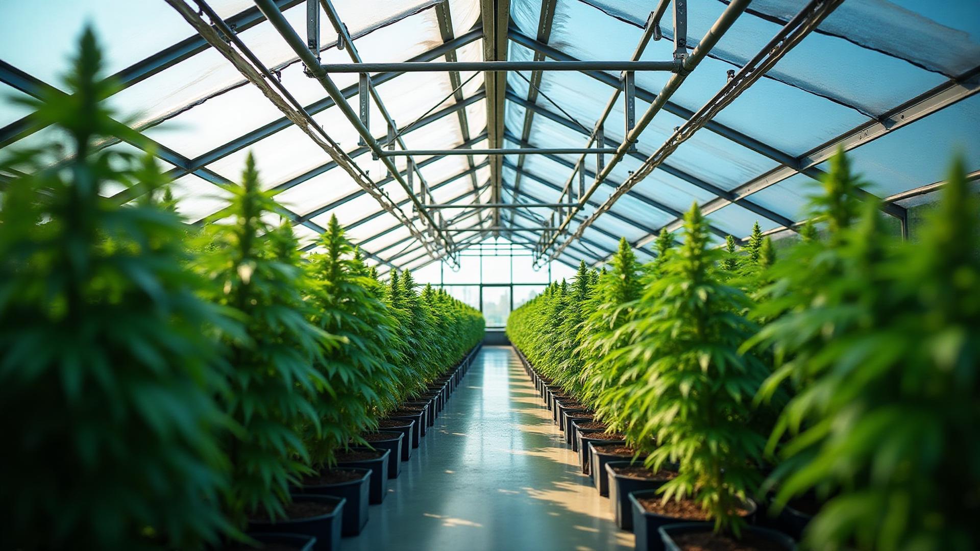 Cannabis cultivation facility with rows of plants